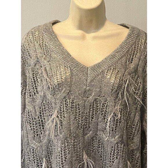 New Chico's Gray Wool blend Sequins Feather Pullover Sweater Top - Picture 12 of 15